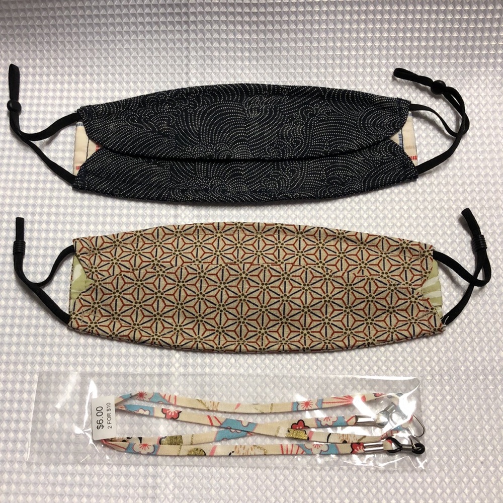2 Masks: Tan Geometric & Black Micron Dot Elastic Bi-fold & 1 White Clip Holder - Picture 5 of 10